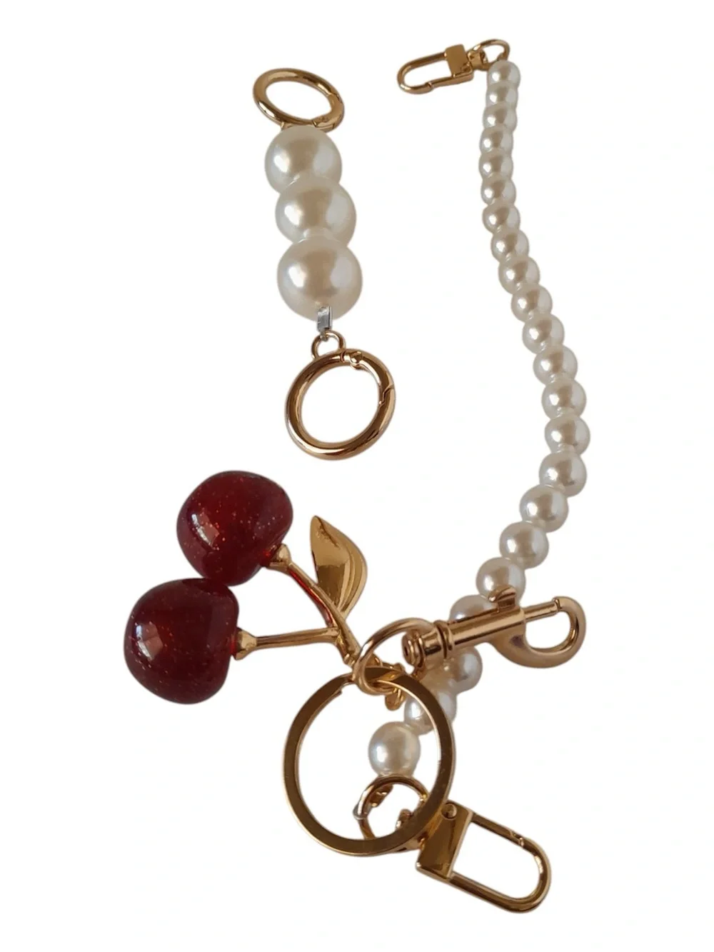 3pc Pearl Cherry Bag Charm Purse Chain Extender Set Gold Hardware Y2K Coquette